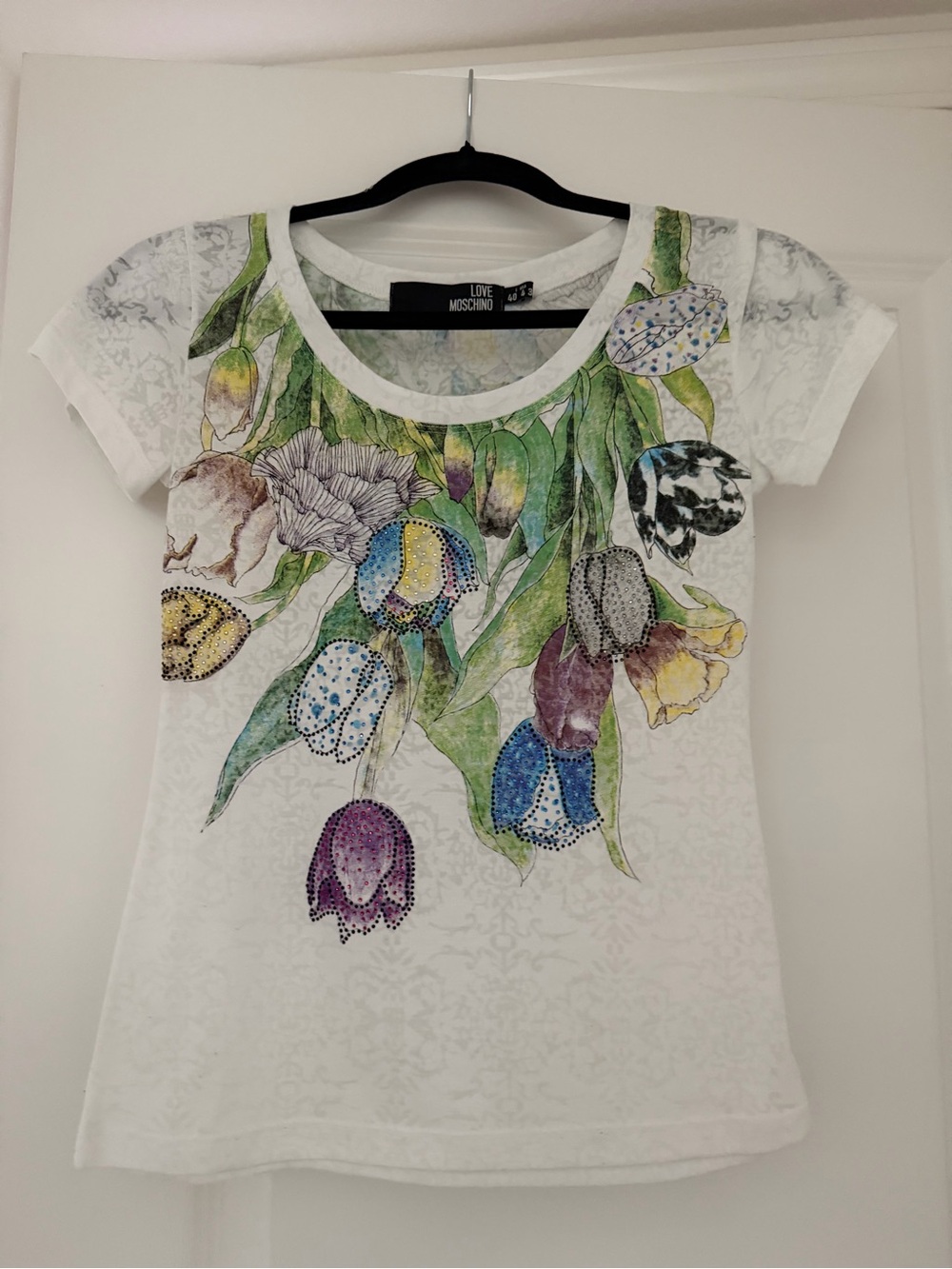 Moschino White Short Sleeve Tee with Multicolor Floral Drop Print